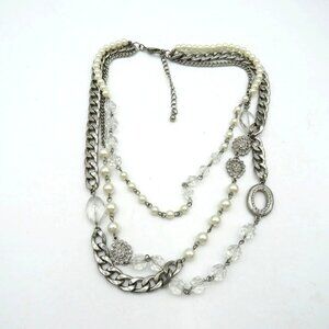 Layered Necklace 22" Silver Tone Chain Imitation Pearls Lucite Beads Multi Layer